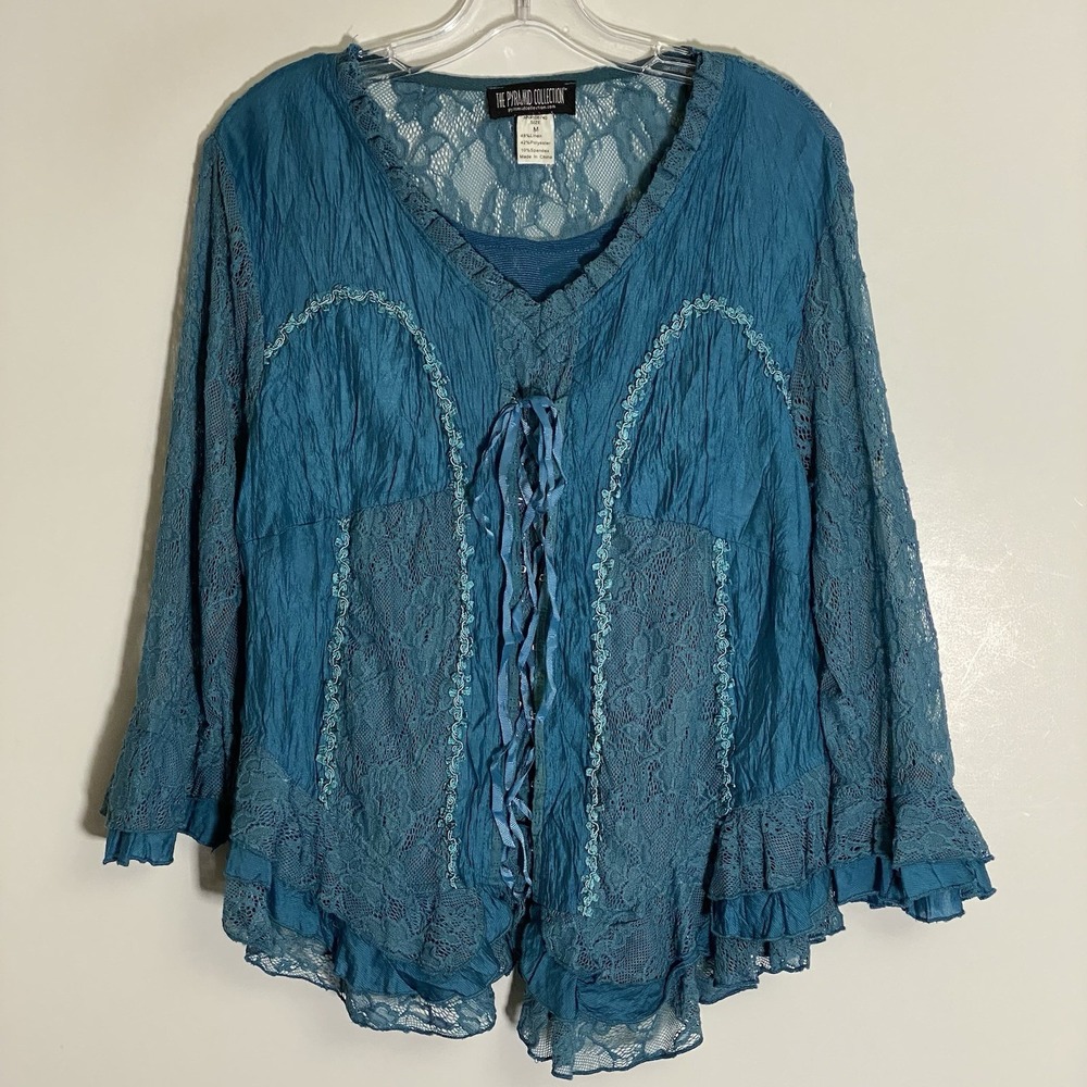 Pyramid Collection Top Womens Medium Blue Linen Babydoll Whimsy Boho Fairy Y2K M